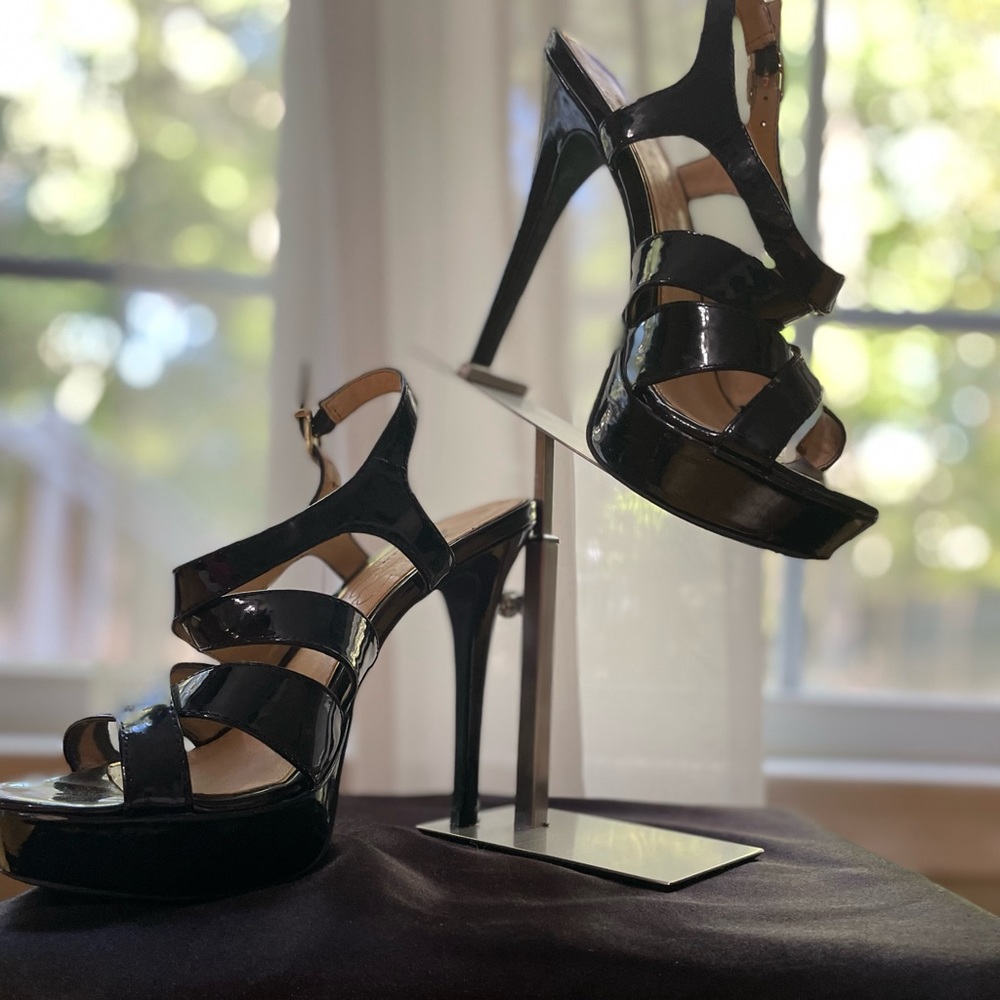 Black patent leather spike heel with a stacked front, high heel, sexy shoe